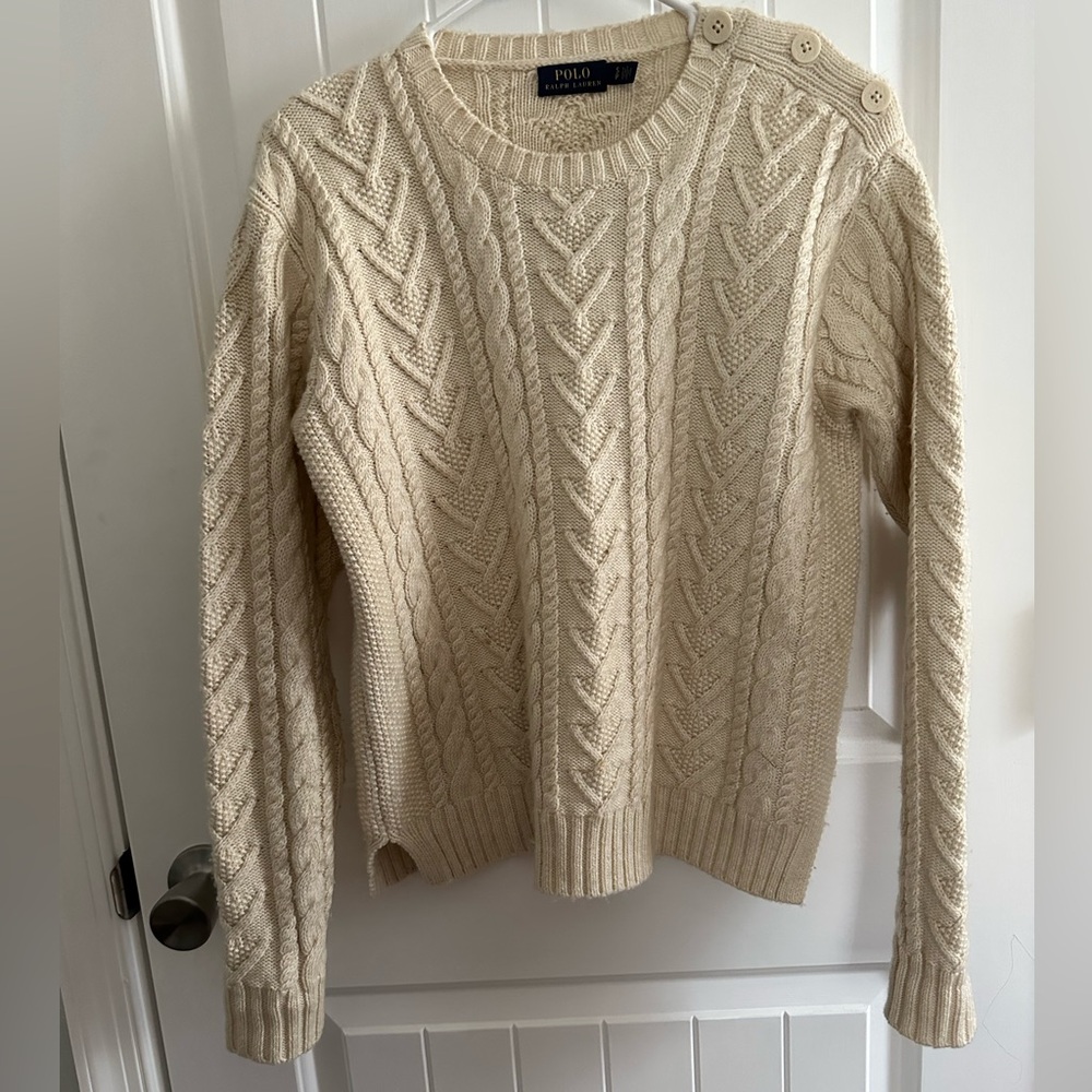 Polo Ralph Lauren Cable Knit Sweater w Shoulder Buttons, off-white, size S